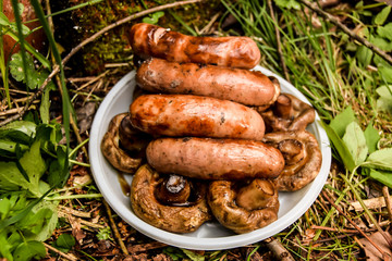 barbecue on the nature in summer mushrooms meat sausages kebab grill lies on a plate on the grass