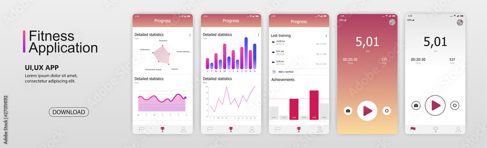 Wall mural fitness mobile app ui,ux. screens fitness application and web icons in flat style. web design and mo