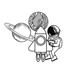 astronaut with spacesuit and rocket in white background