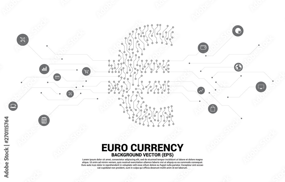 Poster vector euro currency money icon from circuit board style dot connect line. concept for digital econo