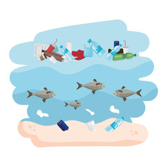 Naklejka premium sea fishes animals swiming in sea polluted with garbage