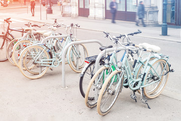 Hire retro bicycles parking at old Vienna city center. Healthy and environment friendly city transport . Healthcare urban lifestyle
