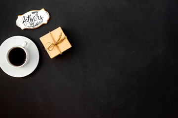 Happy Father Day with gift and coffee on black background top view mockup