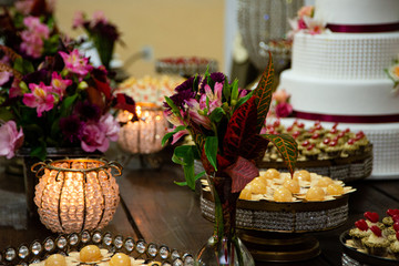 Fototapeta na wymiar Sweet table at wedding party. Various sweets.
