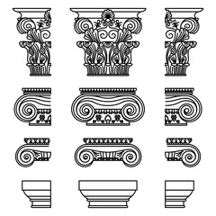 A set of antique Greek historical capitals for Calon: Ionic, Doric, and Corinthian capitals with a cut element scheme