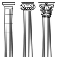 A set of antique Greek and historical columns with Ionic, Doric and Corinthian capitals Vector line illustration.