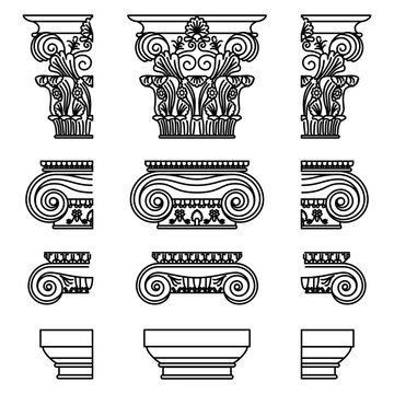 A set of antique Greek historical capitals for Calon: Ionic, Doric, and Corinthian capitals with a cut element scheme