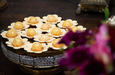 Sweet table at wedding party. Various sweets.