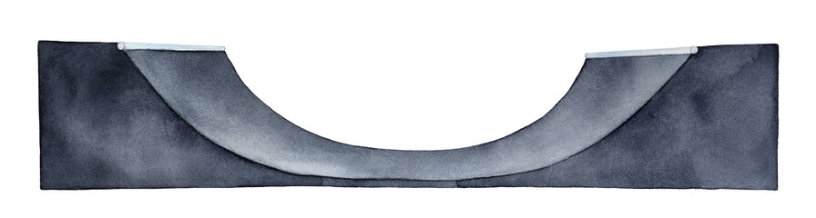 Halfpipe Skateboard Ramp. One single object, side view, wide and empty. Hand drawn watercolour artistic painting on white background, cutout clipart element for dynamic border, frame, creative design. © Julija