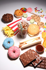 Unhealthy products. food bad for figure, skin, heart and teeth.