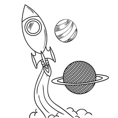 rocket flying with planets of the solar system