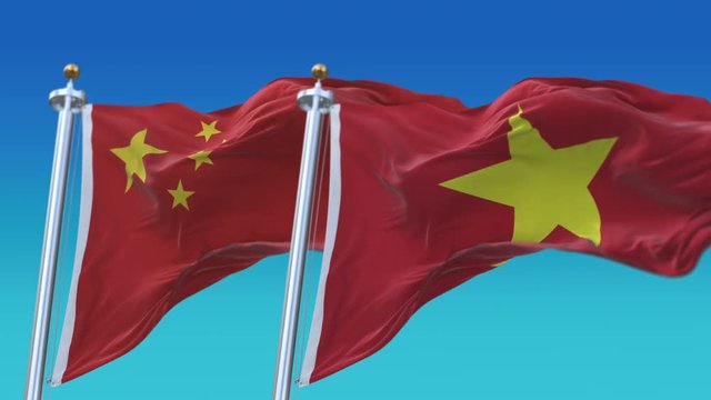 4k Seamless Vietnam and China Flags with blue sky background;A fully digital rendering;The animation loops at 20 seconds;VIE VN CHN CN.
