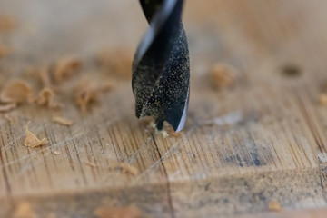 Close up of drill that pierces the wood. sawdust flies away