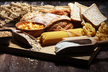 whole grain products with complex carbohydrates on table