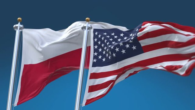 4k Seamless United States of America And Poland Flags with blue sky background;A fully digital rendering;The flag 3D animation loops at 20 seconds;USA US POL PL.