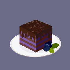 Blueberry cake with layers of dark biscuit, topped with chocolate. It stands on a white round plate. Ripe large blueberries with green leave. For print, interior decor, for website, landing page, menu