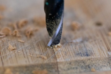 Close up of drill that pierces the wood. sawdust flies away