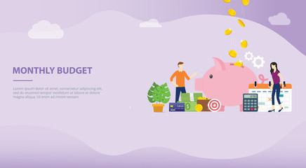 monthly budget planning concept with saving piggy icon and calendar for website template or banner landing homepage - vector