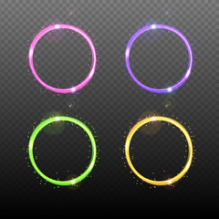 Colorful neon round frame with lights effects. Set. Isolated on black transparent background. Vector design element. Shining colourful circle with magic glitter sparkles. Green. Pink. Gold. Lilac