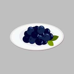 Vector illustration. Isometry Forest Blueberry on a plate. Large ripe fresh berries of rich blue color with green leaves. On a white round plate. To create interior decor, print on cloth, icon menu