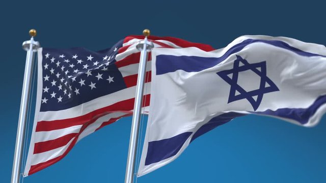 4k Seamless United States of America And Israel Flags with blue sky background;A fully digital rendering;The flag 3D animation loops at 20 seconds;USA US ISR IL.