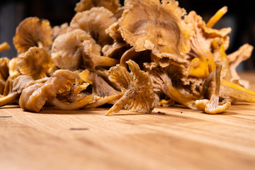 Chanterelle mushrooms on a wooden table