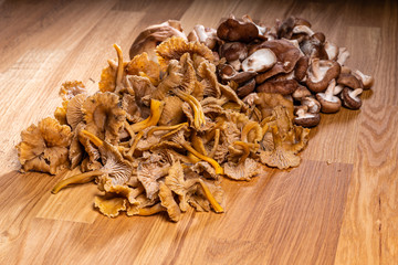 Chanterelle mushrooms on a wooden table