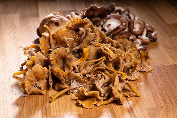 Chanterelle mushrooms on a wooden table