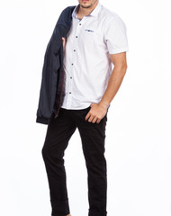 Fashion clothes, short sleeve shirt, jacket and jeans mens photos made in white background