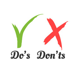 Green checkmark and red crosshair in handwritten grunge style on white background. Consent or refusal to poll questionnaires, tests.