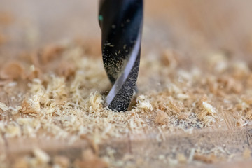 Close up of drill that pierces the wood. sawdust flies away
