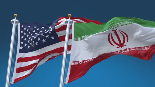 4k Seamless United States of America And Iran Flags with blue sky background;A fully digital rendering;The flag 3D animation loops at 20 seconds;USA US IRI IR.