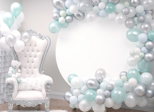 Beautiful decoration armchair and balloons for a baby shower party.