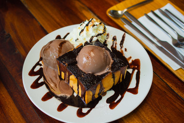 Chocolate Ice Cream Bread in a White Dish at a Pastry Shop