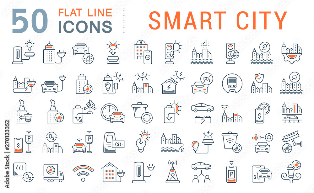 Poster set vector line icons of smart city