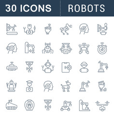 Set Vector Line Icons of Robots