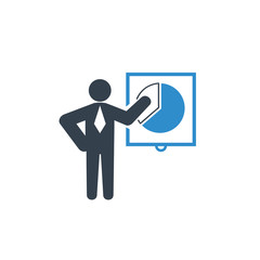 business man presenting with pie chart icon on white background