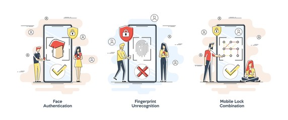 Flat linear illustrations of Biometric authentication concept. Set with privacy protection and recognition elements isolated vector illustration.