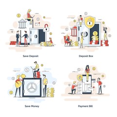 Flat linear illustration concept. dollars in a deposit box, safe savings, a money deposit, bank employees, investing money on an account, closed bank safe.
