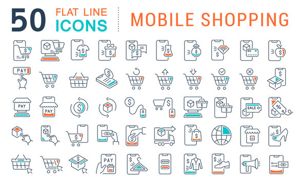 Set Vector Line Icons of Mobile Shopping