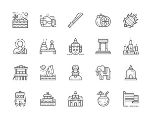 Set of Thailand Culture Line Icons. Machete, Muay Thai, Mangosteen and more.