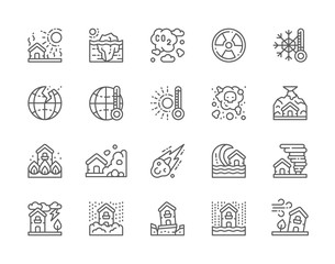 Set of Natural Disaster Line Icons. Drought, Global Warming, Pollution and more.