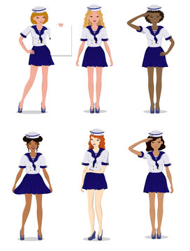 Collection of beautiful girls in the form of a sailor stylish, vector illustration.