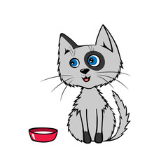 Cartoon Happy gray cat sits near a bowl of milk. Vector illustration isolated on the white background.