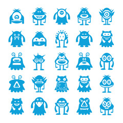 blue monster character icons, cartoon set