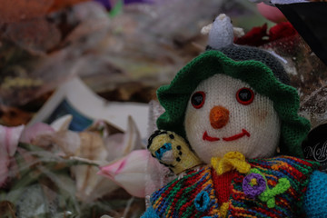 closeup of a smiling doll outside Hagley Park to remember the victims of the March 15 2019 Christchurch Mosque Shootings 