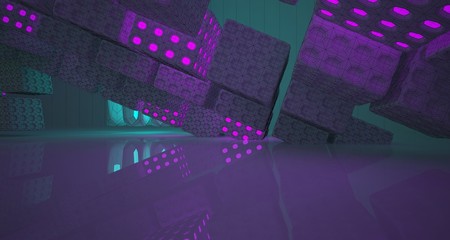 Abstract white Drawing Futuristic Sci-Fi interior With Colored Glowing Neon Tubes . 3D illustration and rendering.