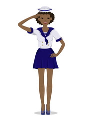The dark skinned girl in a sailor uniform in full growth. Vector image isolated on white background.