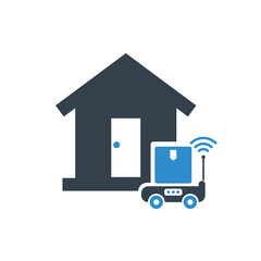 auto delivery robot stopping in front of a house icon on white background