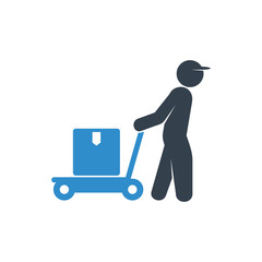 worker hauling trolley with a box icon on white background